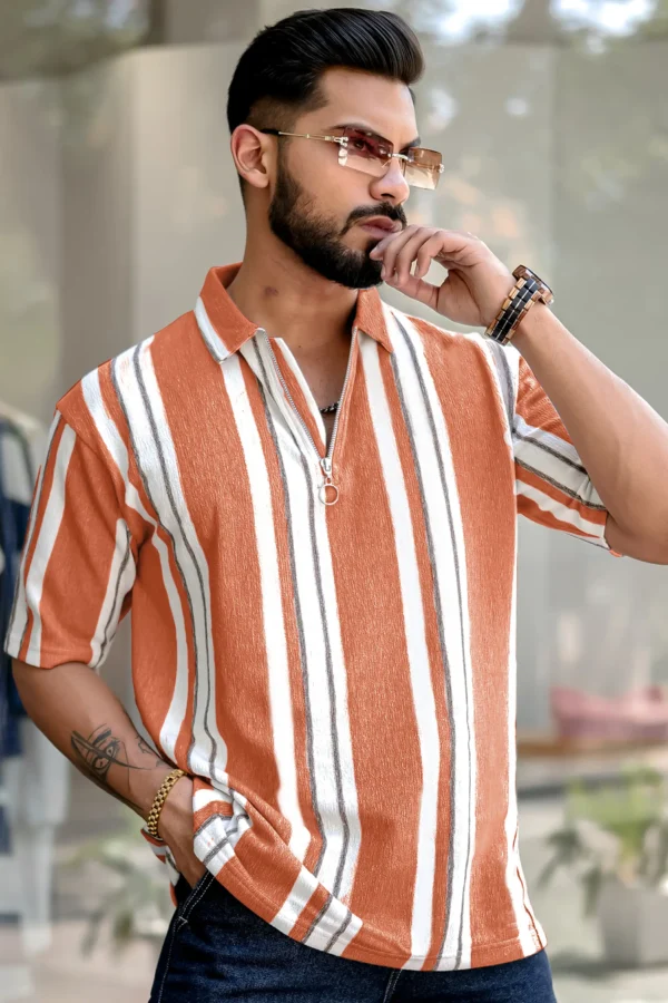 Men Striped Polo Neck Pure Cotton Orange T-Shirt